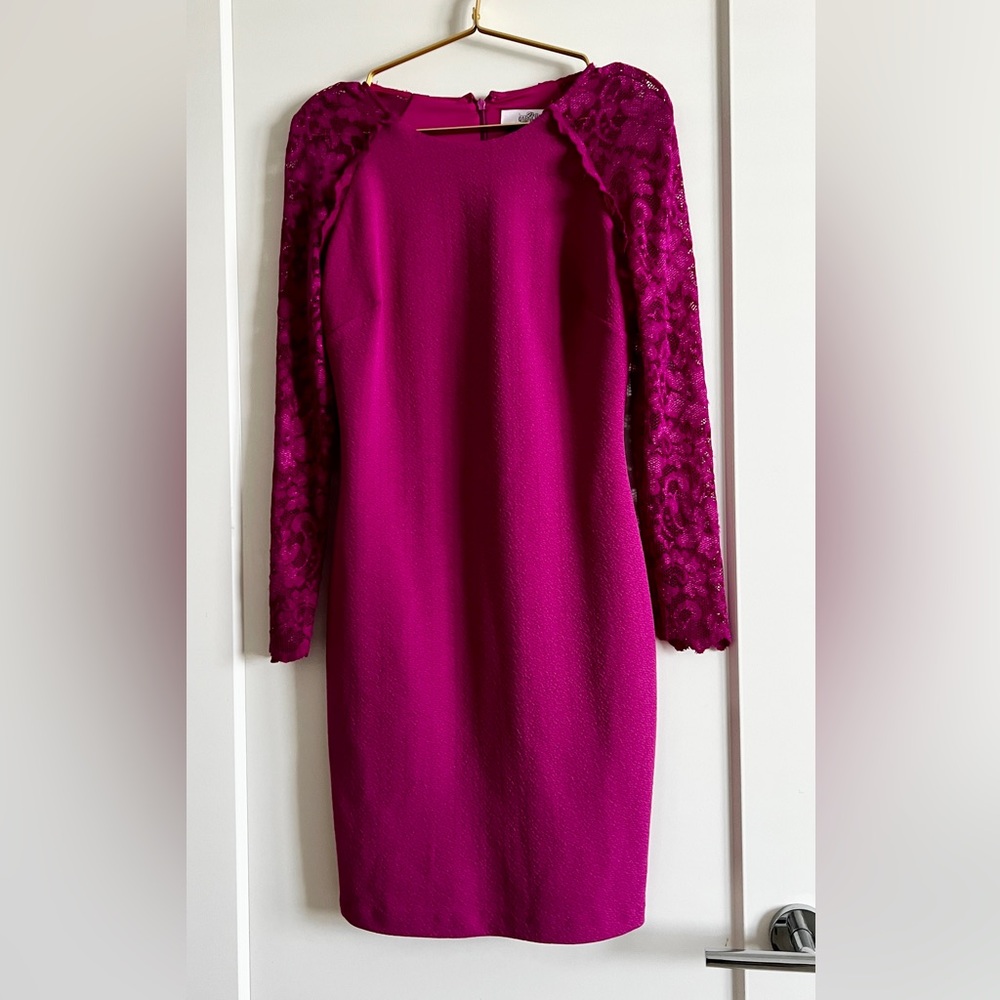 EUC BELLE BADGLEY MISCHKA Magenta Sheer Lace Long Sleeves Sheath Dress Size 4
